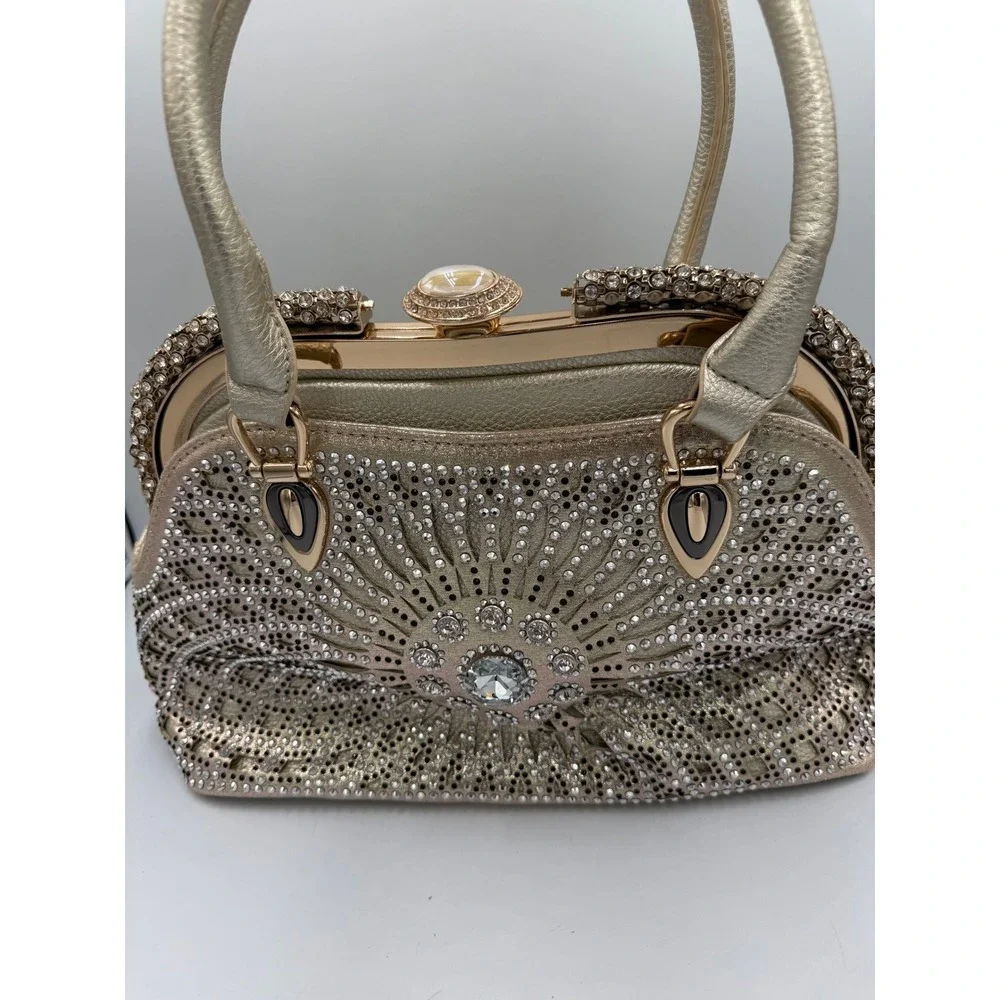 Unbranded Women Handbag Gold Faux Leather Rhinestone Crystal Clasp Large Satchel